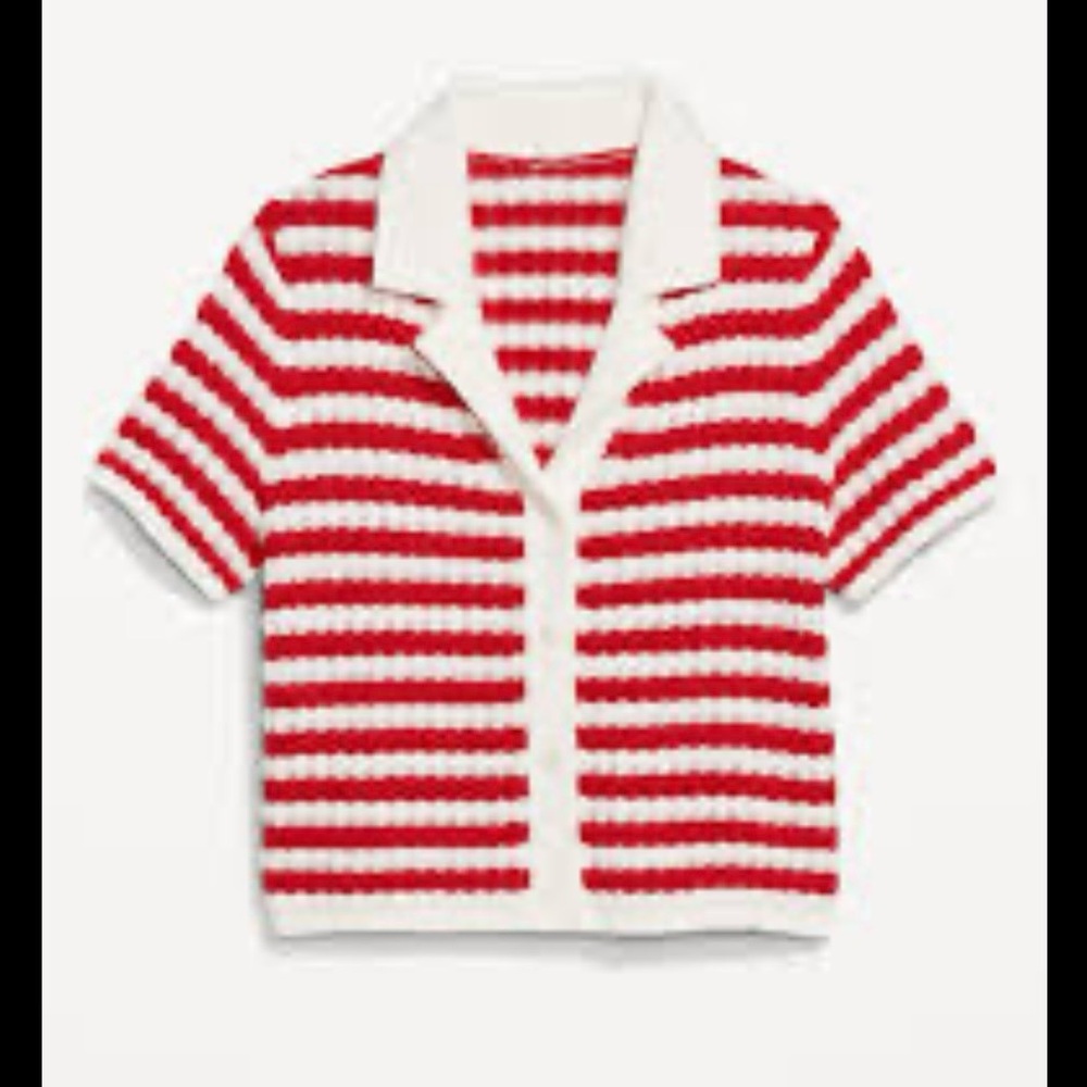 NWT Red and White Striped Crochet Button Up Sweater